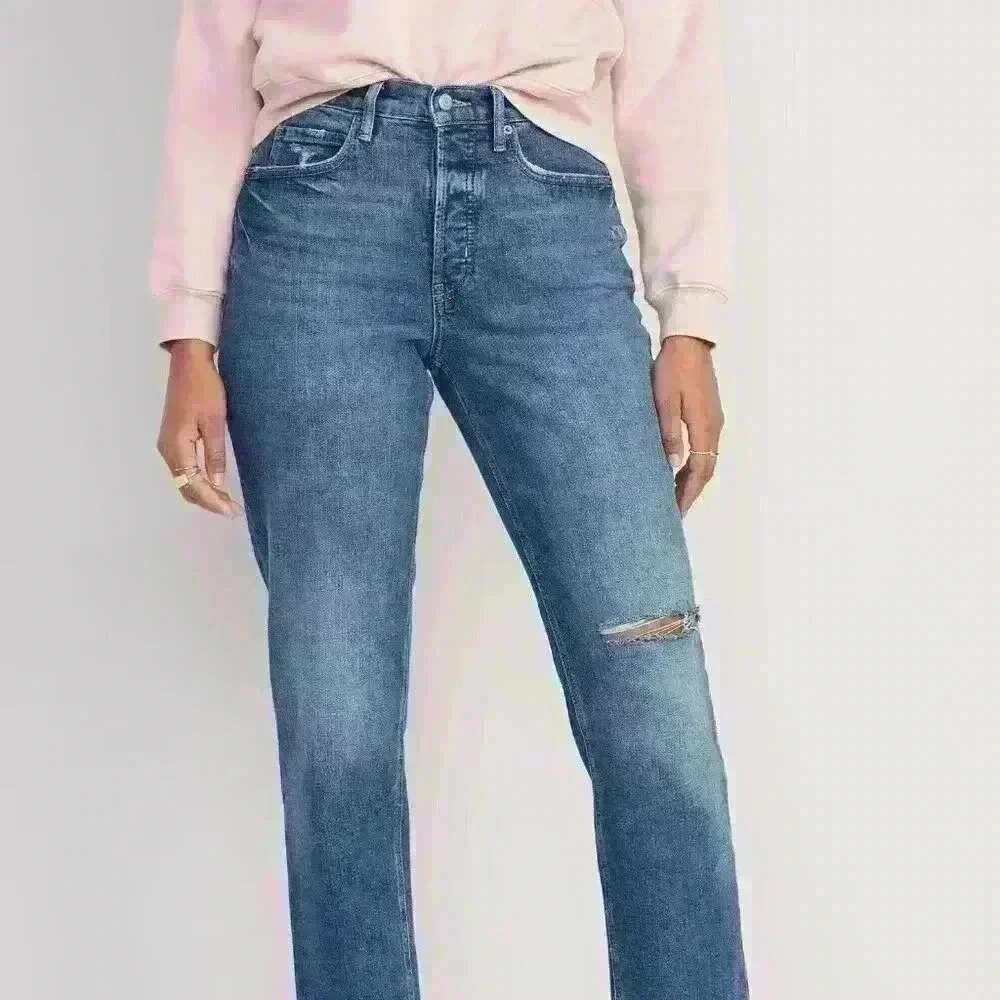 Old Navy Curvy Extra High-Waisted Button-Fly Sky-Hi Straight Ripped Jeans 2 tall